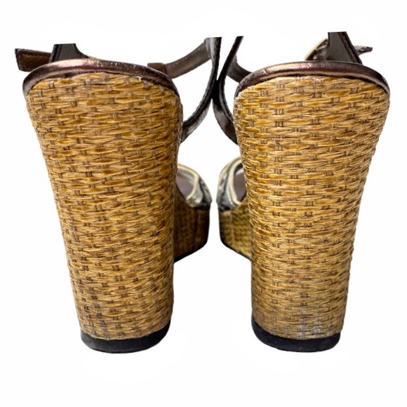 Montego Bay Club Metallic Gold, Bronze & Silver Strappy Wedge Sandals Size 9 - Picture 6 of 16